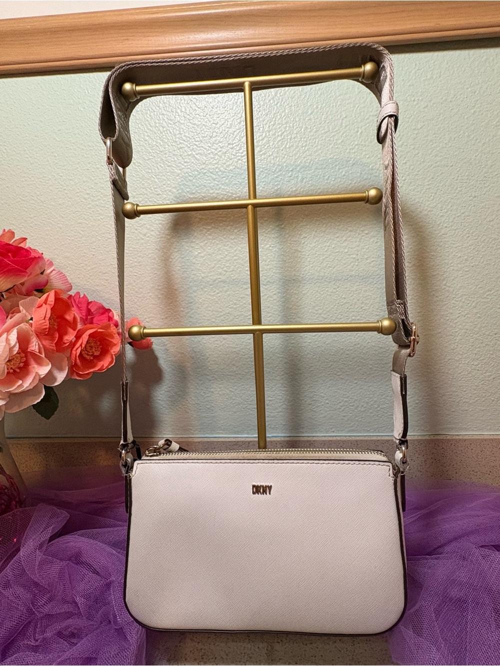 DKNY white Leather Crossbody with Gold Hardware